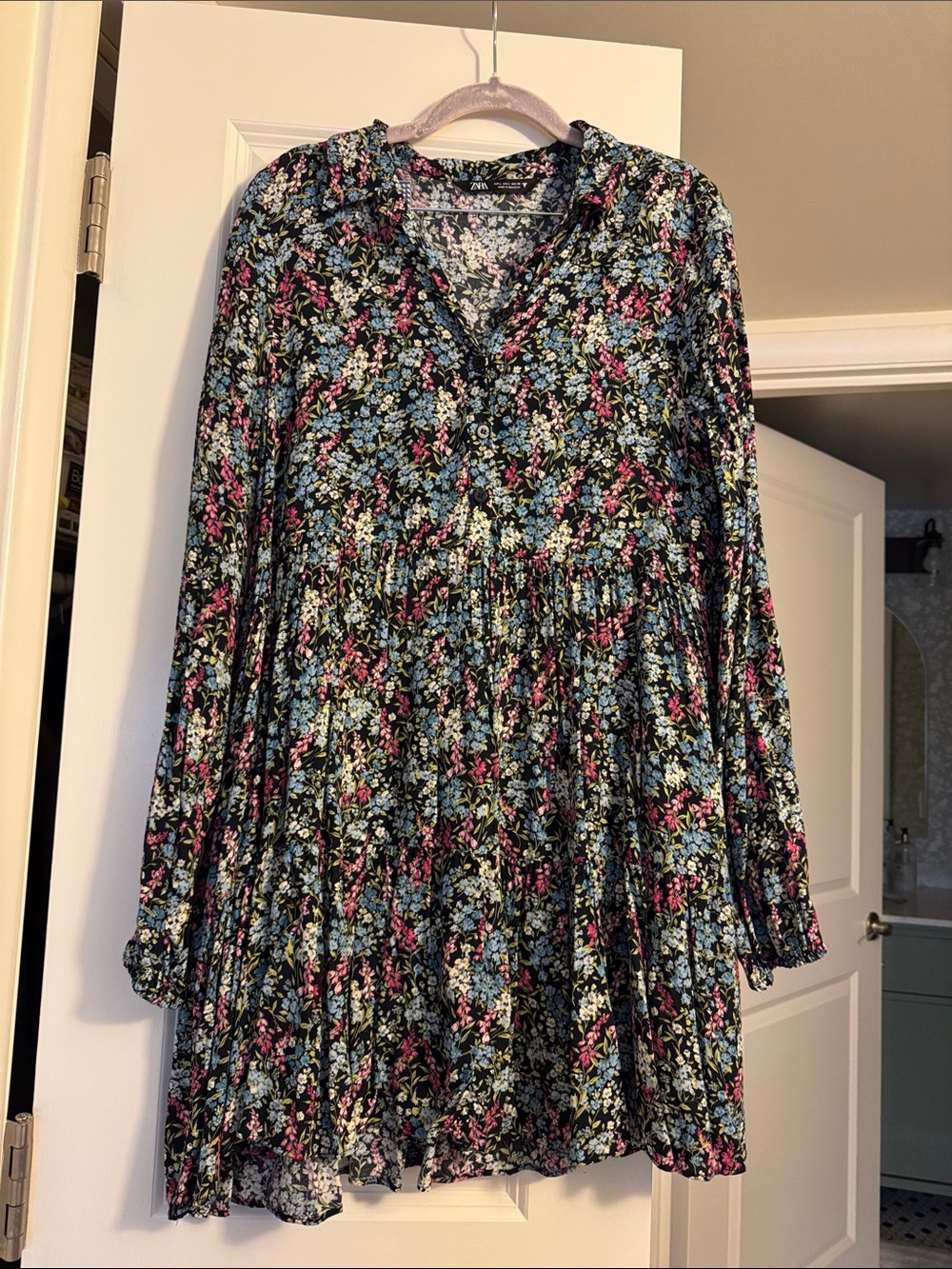 Zara Black Floral Button-Front Dress with Pink & Blue Blooms